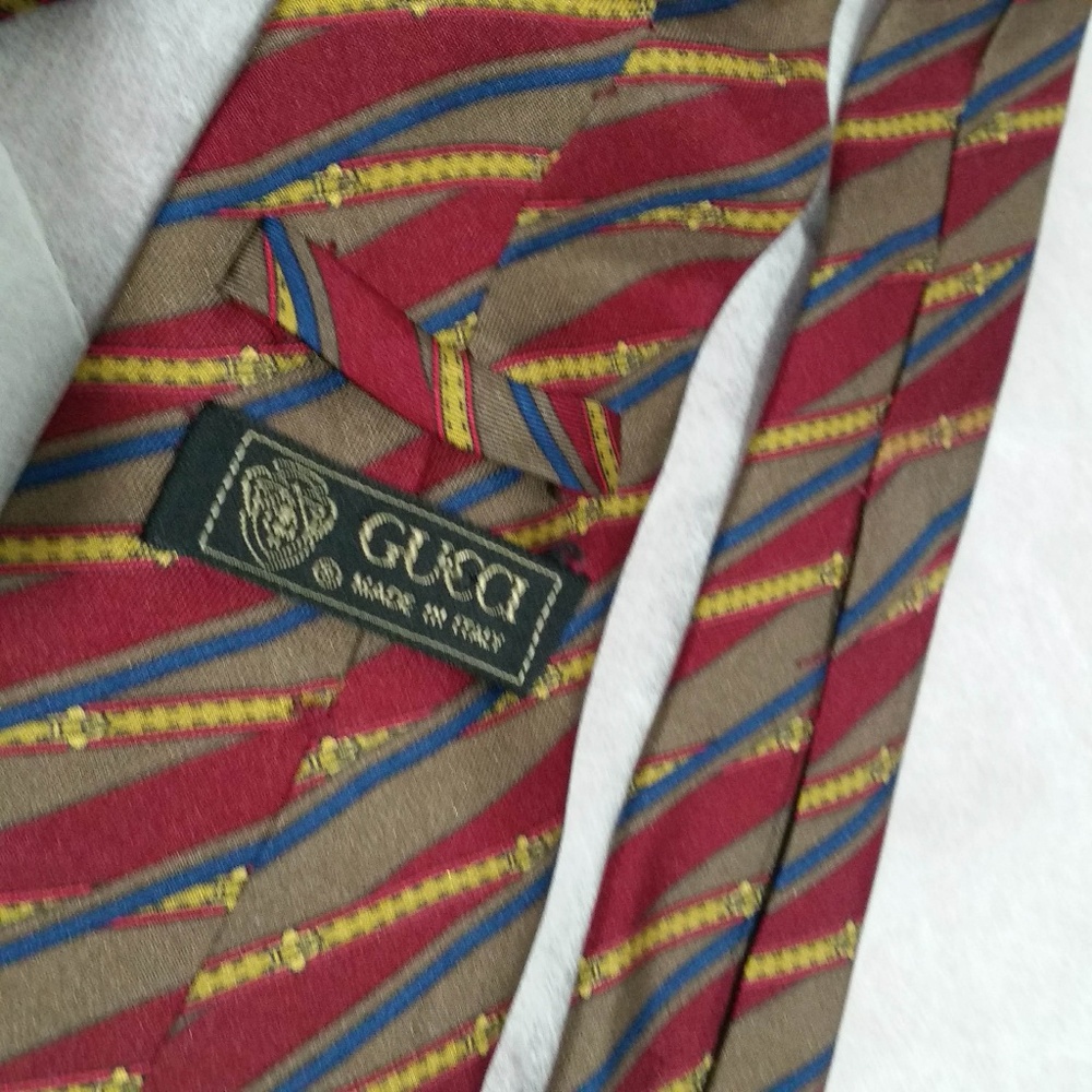 GUCCI MEN'S FANCY RED/BROWN STRIPED TIE - Picture 7 of 8